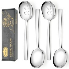 4 Piece Stainless Steel Serving Spoons Set - 2 Large, 2 Slotted, 9.2-Inch, Di...