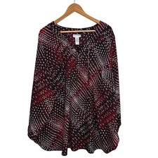 Catherine’s Womens Blouse 2X Black Red Lace Up Neck Office Work Career Mature