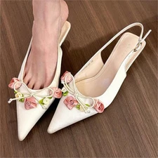  Women Pointed Toe Slingback Sandals Kitten Heels Satin Prom Flowers Shoes Pumps