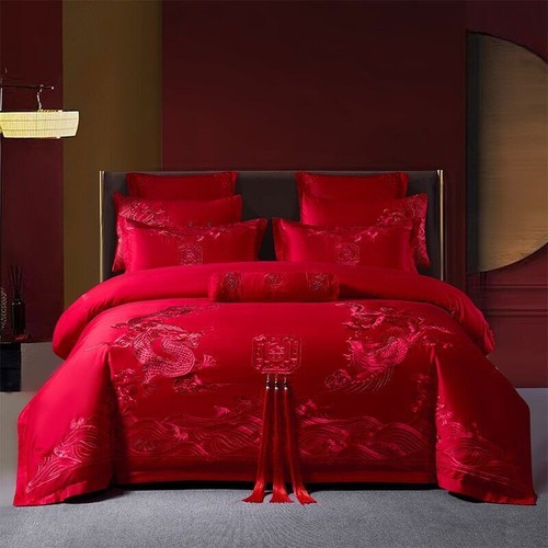 Embroidered Chinese Wedding Pure Red Tassel Cotton Bedding Set 4/6/8 Pieces - Picture 1 of 18