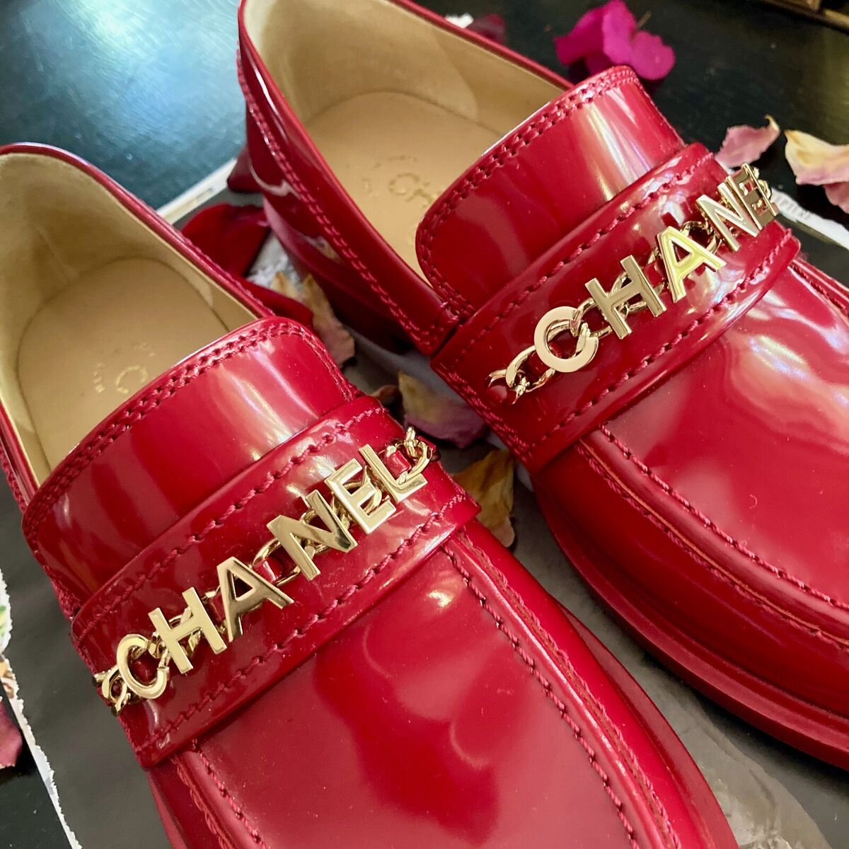 CHANEL red patent Bonnie and Clyde loafers gold logo charms CHANEL red patent Bonnie and Clyde loafers gold logo charms