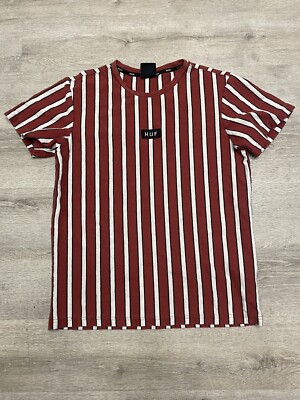 Huf Men T-Shirt Small Red Dexter Striped Logo Short Sleeve Crew