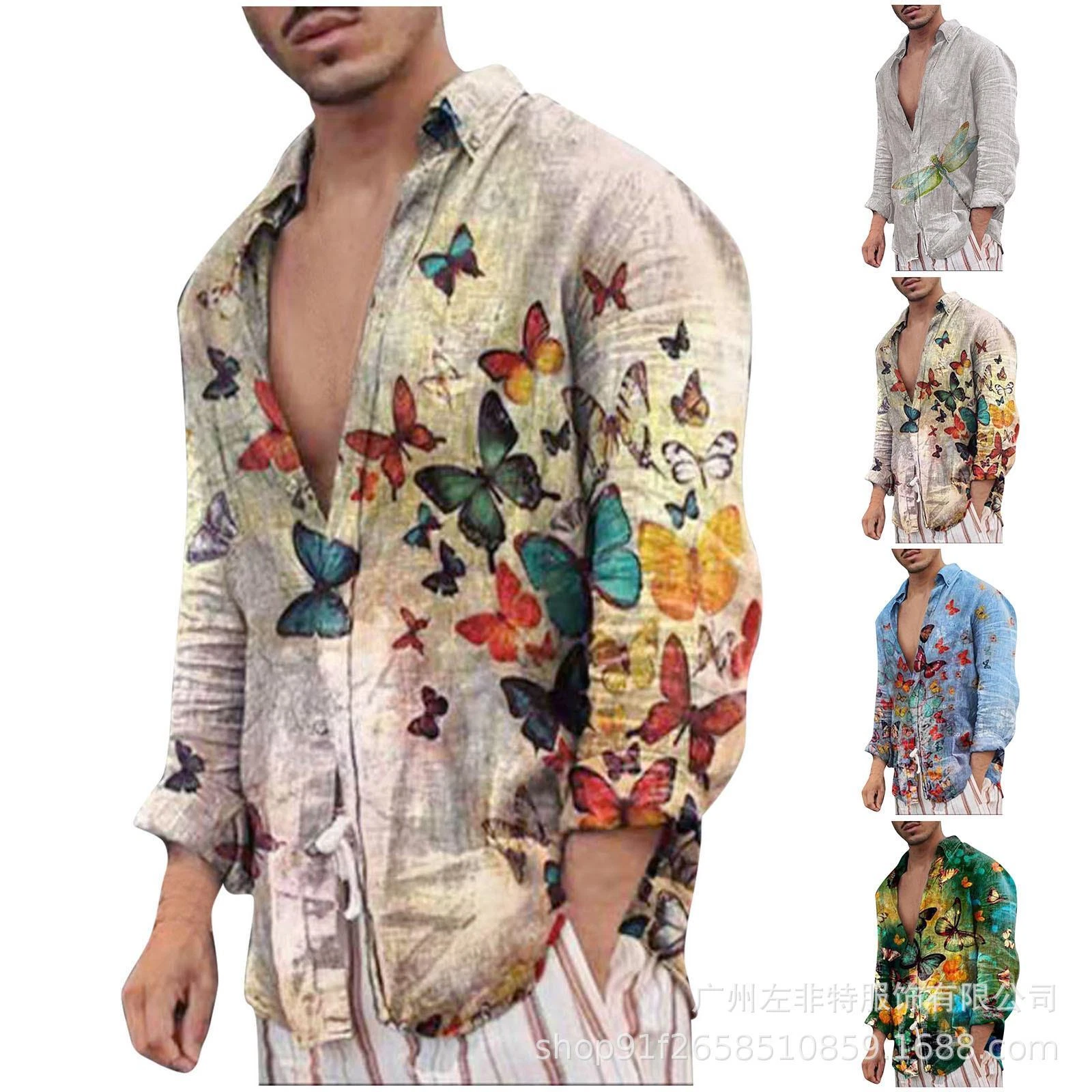 Mens Casual Printing Linen Shirt Long Sleeve Loose Blouse Button Breathable Tops
