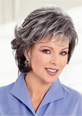 Women Gray White Hair With Black Mixed Short Wigs with Bangs for Mom Natural Wig