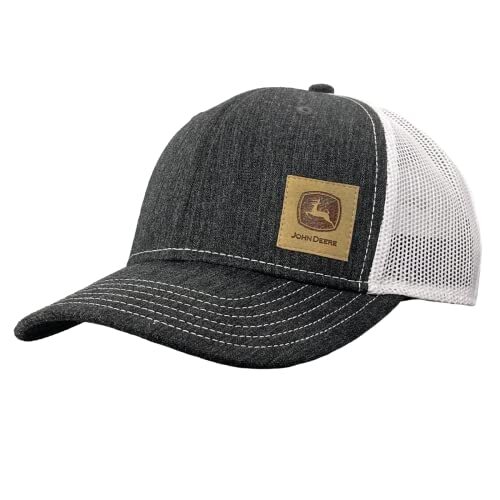 LP82700 - John Deere Men's 6-Panel Black/White Leather Patch Mesh Back Hat