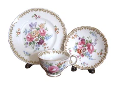 Crown Staffordshire ENGLANDS BOUQUET 3 Pc Salad Dessert Plate & Cup & Saucer Set