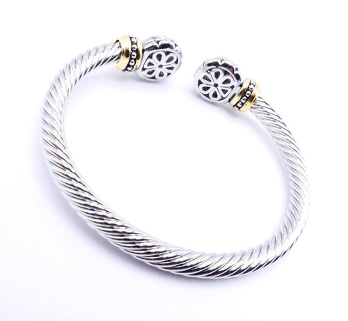 UNIQUE 18kt Gold Plated Cable Dots Texture Turquoise Clover Flower Cuff Bracelet - Picture 7 of 11