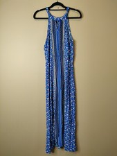 Elle women L sleeveless maxi summer dress blue print elastic waist ties in back