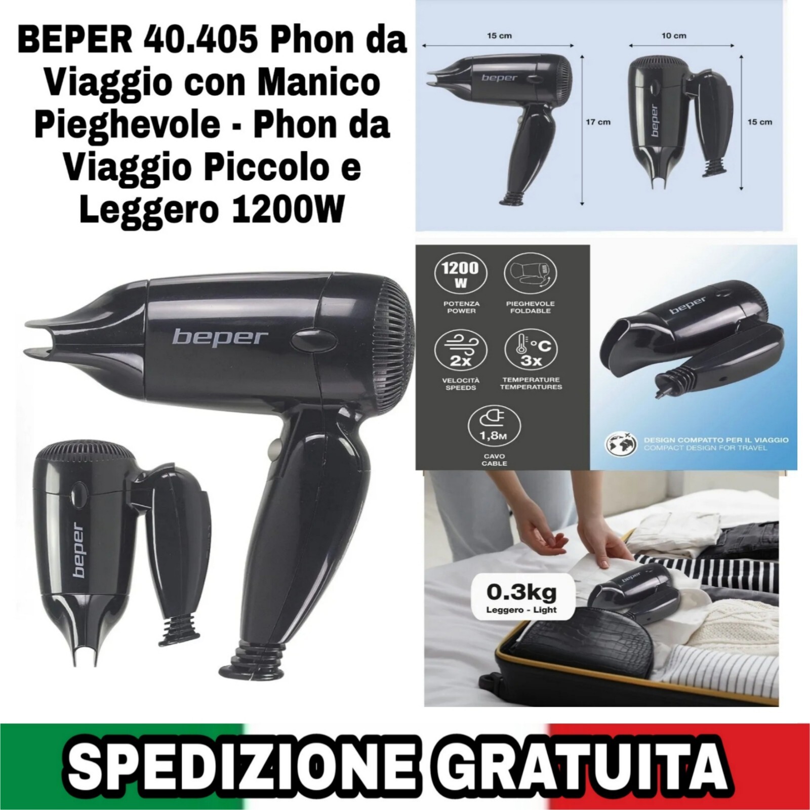 Phon da Viaggio Pieghevole 1200W: Piccolo, Leggero e Potente per Valigia