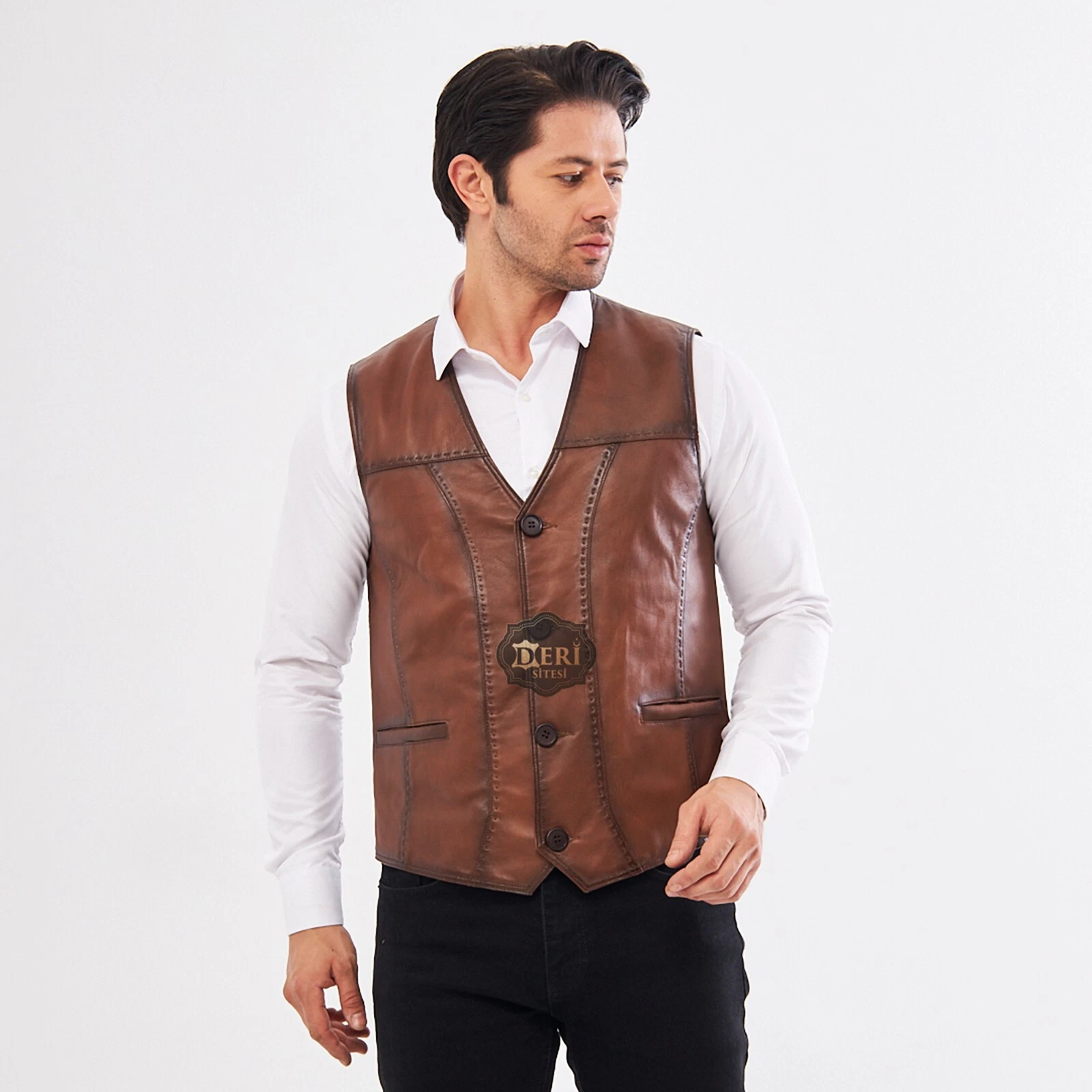 Men's Brown Leather Vest - Premium 100% Lamb Leather - Free Fast Shipping