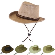Summer Sun Bucket Cap Western Cowboy Fedora Paper Straw Hat Wide Brim Mesh Top