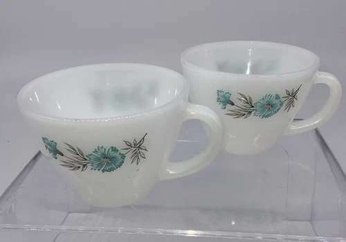 Vintage Fire King Anchor Hocking Blue Flower Coffee Tea Cup Milk Glass Floral-2