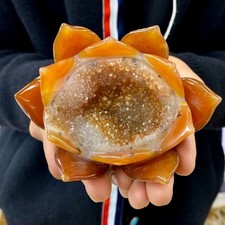 Geoda de ágata natural 290G tallada flor de loto, cristal curativo tallado a mano hogar