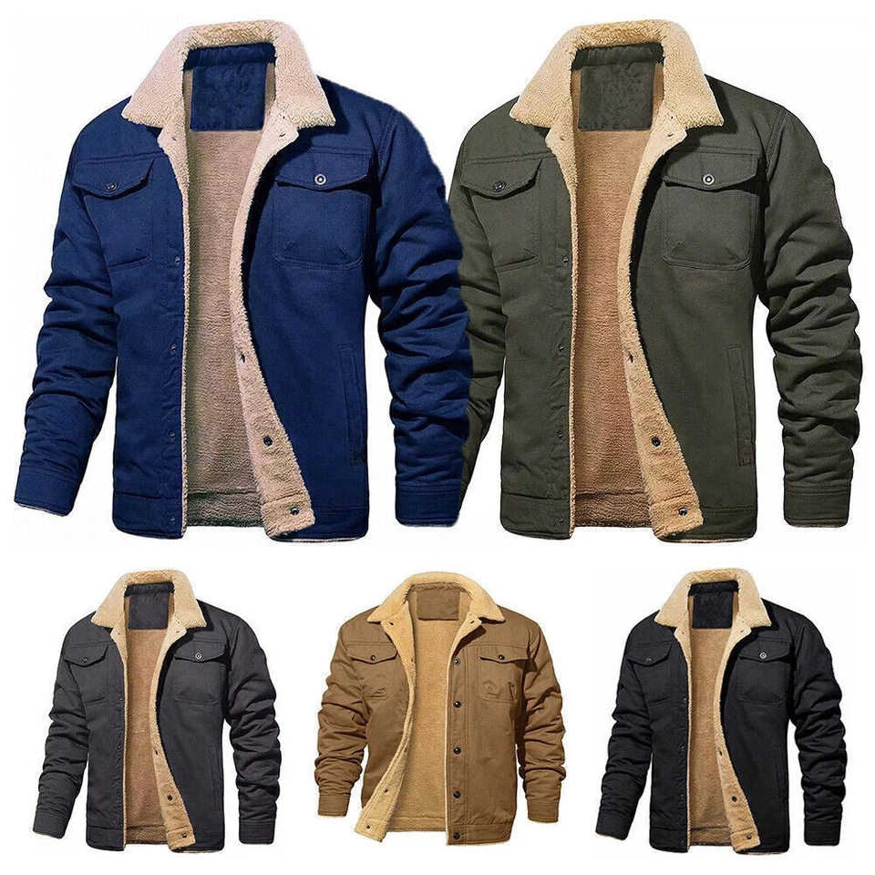 UK Mens Winter Coat Fleece Cargo Jacket 4 Pockets Lapel Collar Trucker Warm Work