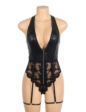 WOW BABE Black Faux Leather Lace Mesh Front Zip Halterneck Bodysuit Size 8