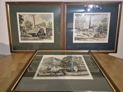 Signierte T Leslie Hawkes Drucke Lake District & Cumbria Mills gerahmt 3er Set