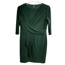 Chaps Dress Womens Petite XL Green Faux Wrap 3/4 Sleeve Draped Midi Cocktail