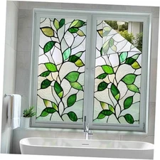 Privacy Window Film Green Leaf Decorative Window Cling Stained Glass Style 