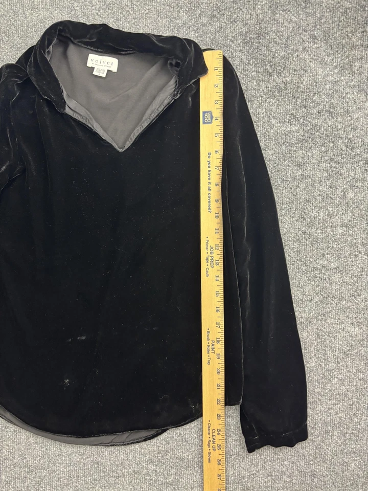 Camisa Velvet by Graham & Spencer Mujer Pequeña Negra Terciopelo Capucha Cuello Hecha en EE. UU. Foto 3 de 4