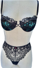 Vtg Bra Lily of France Dolores Unlined Pearl Black Green Teal Lace S Bikini 34C