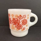 Vintage Fire King Milk Glass Red & Orange Abstract Sketch Rose C Handle Mug/Cup