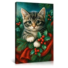 Cute Kitten Christmas Holly Pinecone Red Ribbon Wall Art Poster Canvas Print 