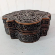 Vtg Ornate Carved Trinket Box Floral Lotus Design Decorative Keepsake Organizer