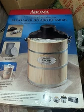 ✅✅ NIB AROMA Ice-Cream Maker 4-Quart Wood-Barrel Large Electric AIC-204EM