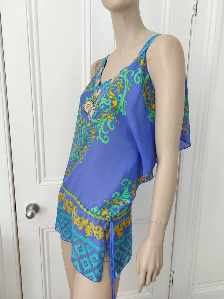 Hale Bob Silk Chiffon Blue Top Size XS / S Beach Metallic Foto 4 de 4