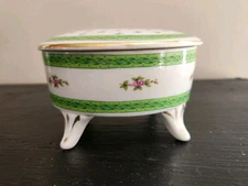 Vintage Lefton Hand Painted Porcelain Trinket Dish with Lid - Green Floral