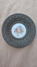 assiette ancienne laiton tableau scène enfant ange porcelaine LIMOGES 11cm RARE