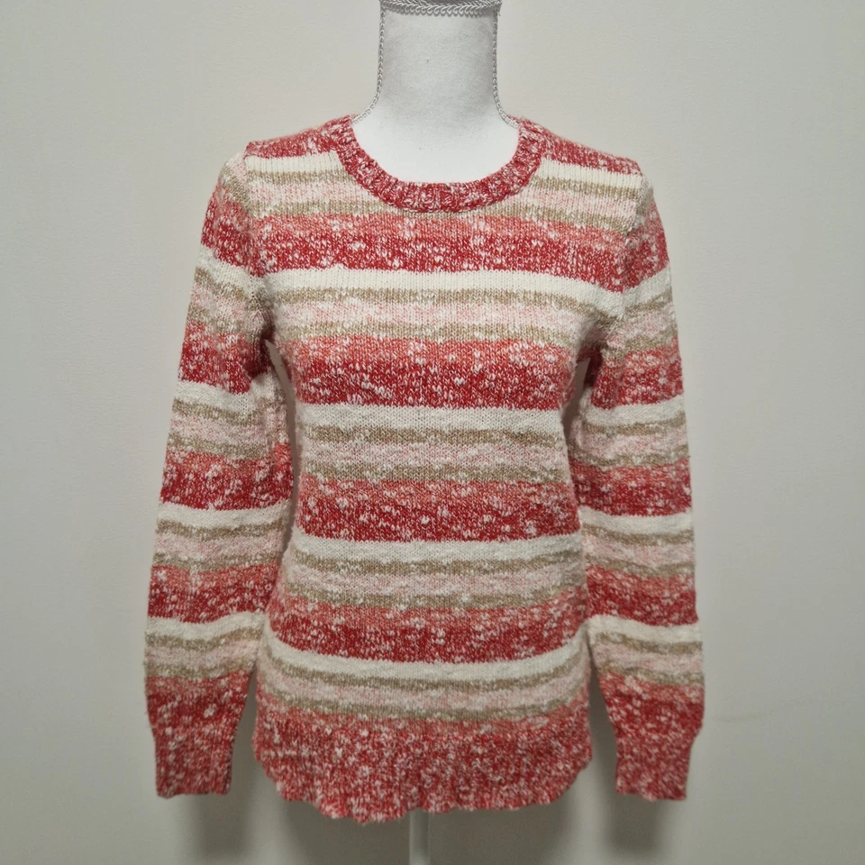 LL Bean Pullover Damen XS Rot Weiß Beige Koralle Baumwolle Ragg Gestreift - Bild 2 von 4