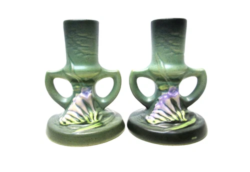 Pair Roseville Green Freesia Candle Sticks #1161-4 1/2" Excellent Condition