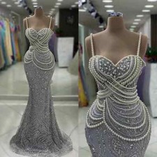 Elegant Big Pearls Mermaid Evening Dresses Crystal Beading Sequined Prom Gowns