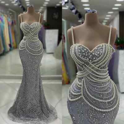 Elegant Big Pearls Mermaid Evening Dresses Crystal Beading Sequined Prom Gowns