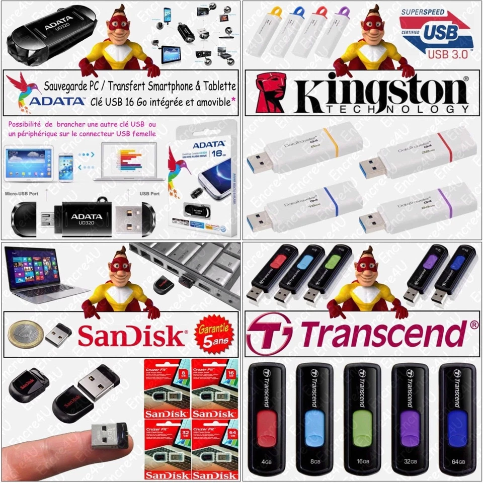 Clé USB 4 8 16 32 ou 64 Go Gb Giga de Marque : ADATA KINGSTON SANDISK TRANSCEND