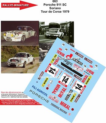DECALS 1/43 REF 0663 PORSCHE 911 SORIANO TOUR DE CORSE 1979 RALLY RALLY WRC