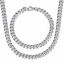 7MM Necklace Bracelet Set Curb Cuban Link Stainless Steel Chain Silver For Men