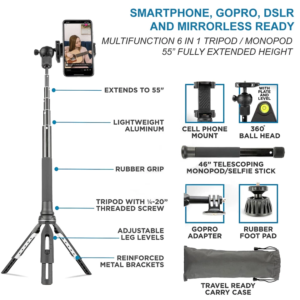 55" Portable Selfie Stick Handheld Tripod Monopod Stand for GoPro Hero 12 11 10 - Image 3 of 4