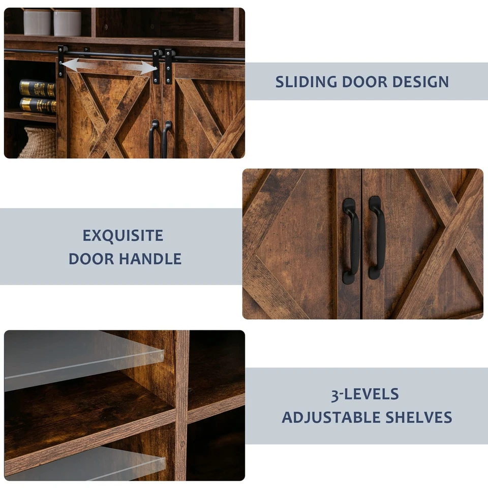 Farmhouse LED Coffee Bar Cabinet Barn Door Sideboard Buffet with Power Outlet - Image 4 of 4