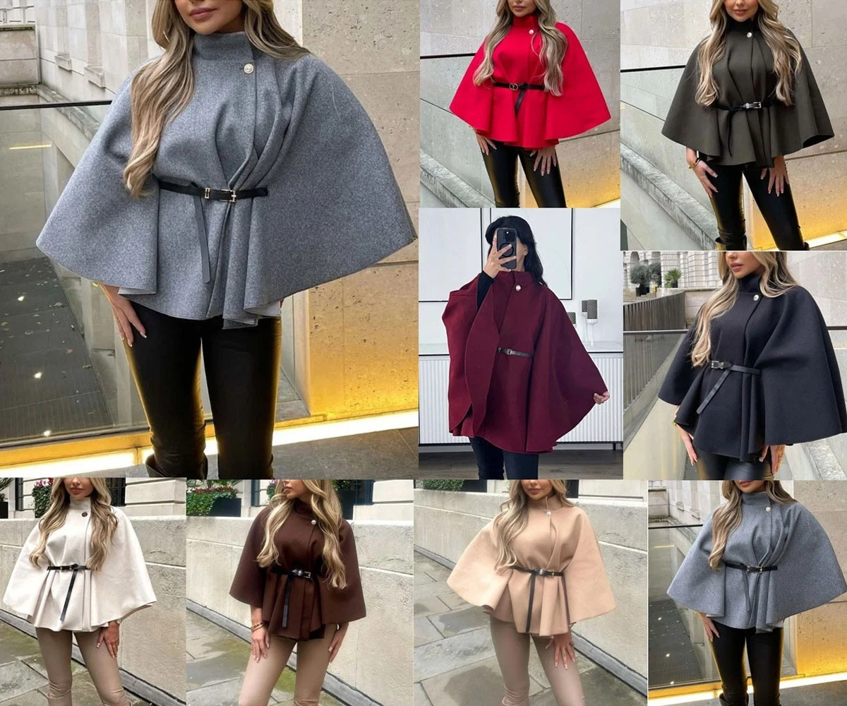 Womens Short Sleeve Belted Poncho Ladies Batwing Sleeve Button Coat Cape Jacket
Opens in a new windo