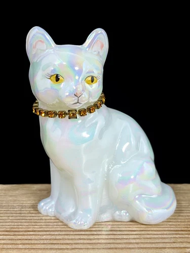 Vintage Fenton Glass Cat White Opalescent Hand Painted Cat Figurine W/Necklace