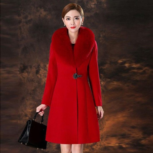 Luxury Womens Real Fox Fur Collar Jacket Wool Collar Coat Slim Fit Trench Coat - Bild 6 von 26