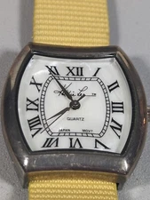 Kathie Lee White Pearlized Dial Silver Tone Rectangle Case Yellow Band Watch