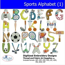 Embroidery Design Set -Sports Alphabet 1 - 26 Designs - 9 Formats - USB Stick