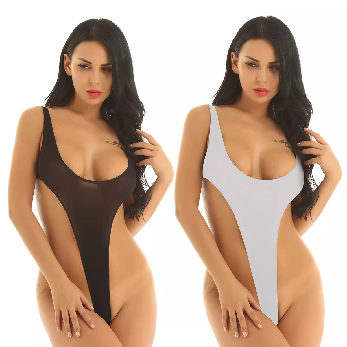 Womens See Through One Piece Swimwear Sexy Super High Cut Thong Leotard  Bodysuit