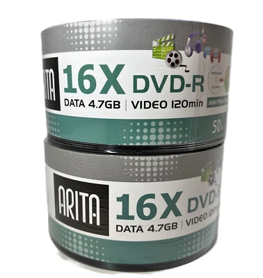 100 Arita DVD-R Discs Full Face Inkjet Printable 4.7gb 120mins