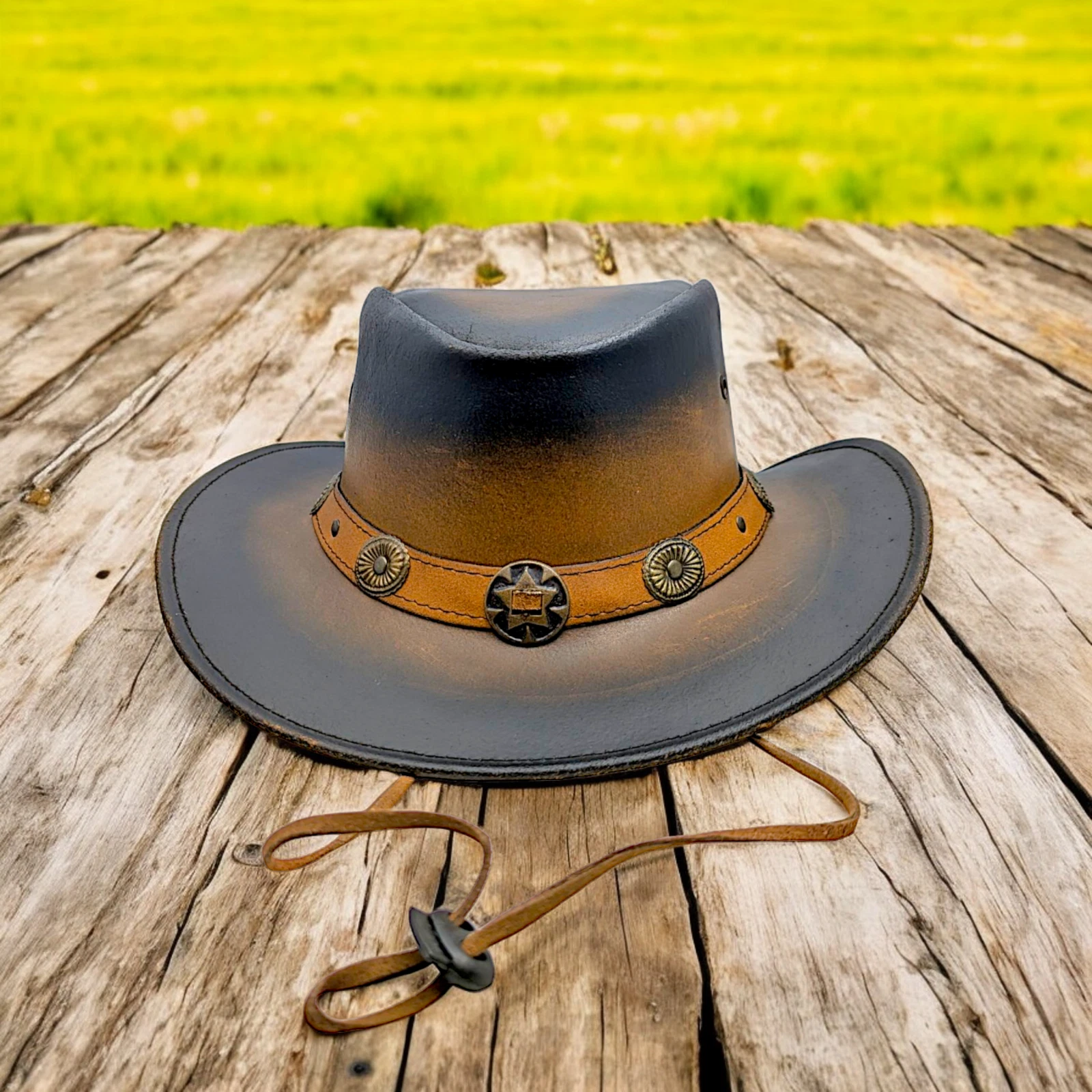 New Brown Black Distressed Faded Hat Leather Cowboy Western Style Concho unisex