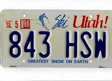 UTAH passenger 1996 license plate "843 HSW" ***NATURAL***SALT LAKE***