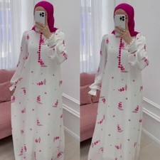 Eid Muslim Round Neck Long Sleeved Abaya Women Robe Morocco Kaftan Print Dress